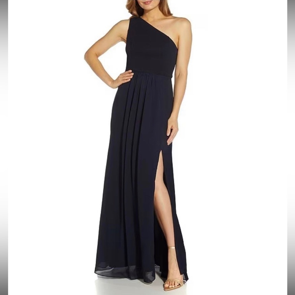 Adrianna Papell One Shoulder Sleeveless Chiffon Gown navy blue size 4 formal OWO
